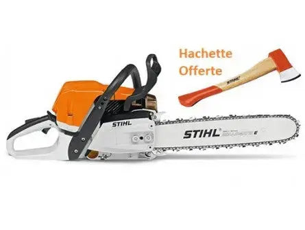 TRONÇONNEUSE STIHL MS 362 C-M AVEC 2 CHAINES D&#8217;ORIGINE ET UNE HACHETTE DE BUCHERON STIHL AX6 EXPANSION MACHINES