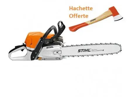 TRONÇONNEUSE STIHL MS 400 C-M AVEC 2 CHAINES D&#8217;ORIGINE + HACHETTE DE BUCHERON EXPANSION MACHINES