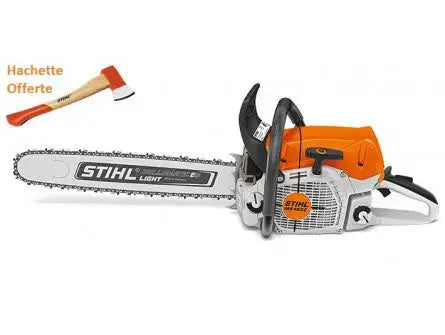 TRONÇONNEUSE STIHL MS 462 C-M AVEC 2 CHAINES D&#8217;ORIGINE ET UNE HACHETTE DE BUCHERON STIHL AX6 EXPANSION MACHINES